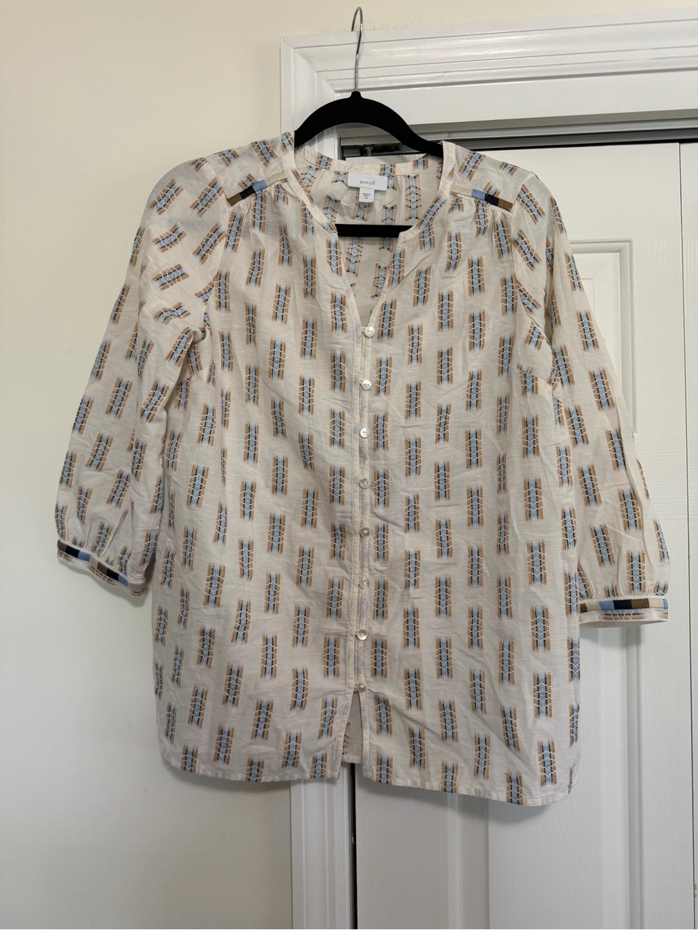 Pure Jill Button Down Shirt Light Tan Blue Embroidered Size XS